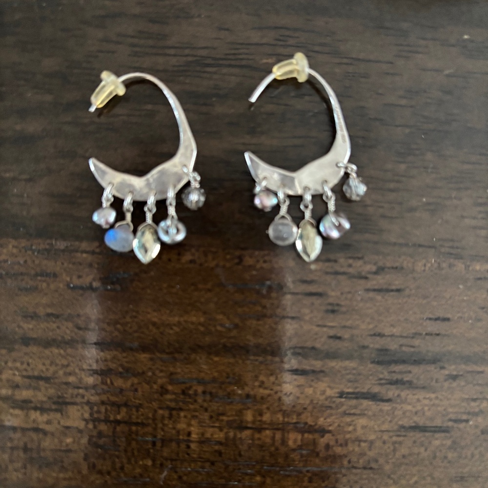 Chan Luu Crescent Grey Pearl and Labradorite Silver Hoop Earrings